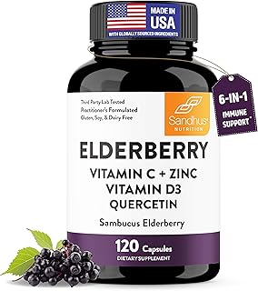 Elderberry Vitamin C and Zinc Capsules for Adults | 120 Count with Quercetin & Vitamin D3 | 6-in-1 Immune Support Supplement Pills | Sambucus Black Elderberry Natural Immunity Vitamins | Made in USA