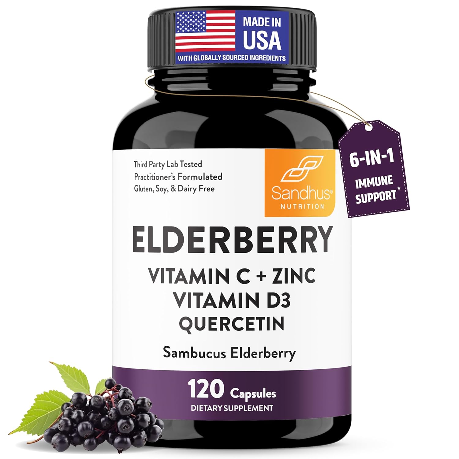 Elderberry Vitamin C and Zinc Capsules for Adults 120 Count with Quercetin Vitamin D3 6-in-1 Immune Support Supplement