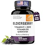 Elderberry Vitamin C and Zinc Capsules for Adults | 120 Count with Quercetin & Vitamin D3 | 6-in-1 Immune Support Supplement Pills | Sambucus Black Elderberry Natural Immunity Vitamins | Made in USA