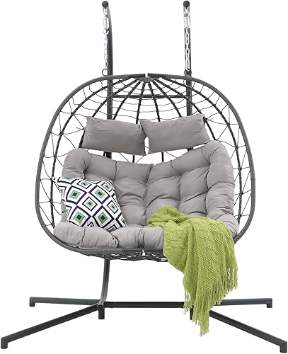 Miniatura 9 de Patiorama Silla columpio doble para 2 personas con soporte para interiores y exteriores, silla colgante de mimbre para patio con cojín, almohada,