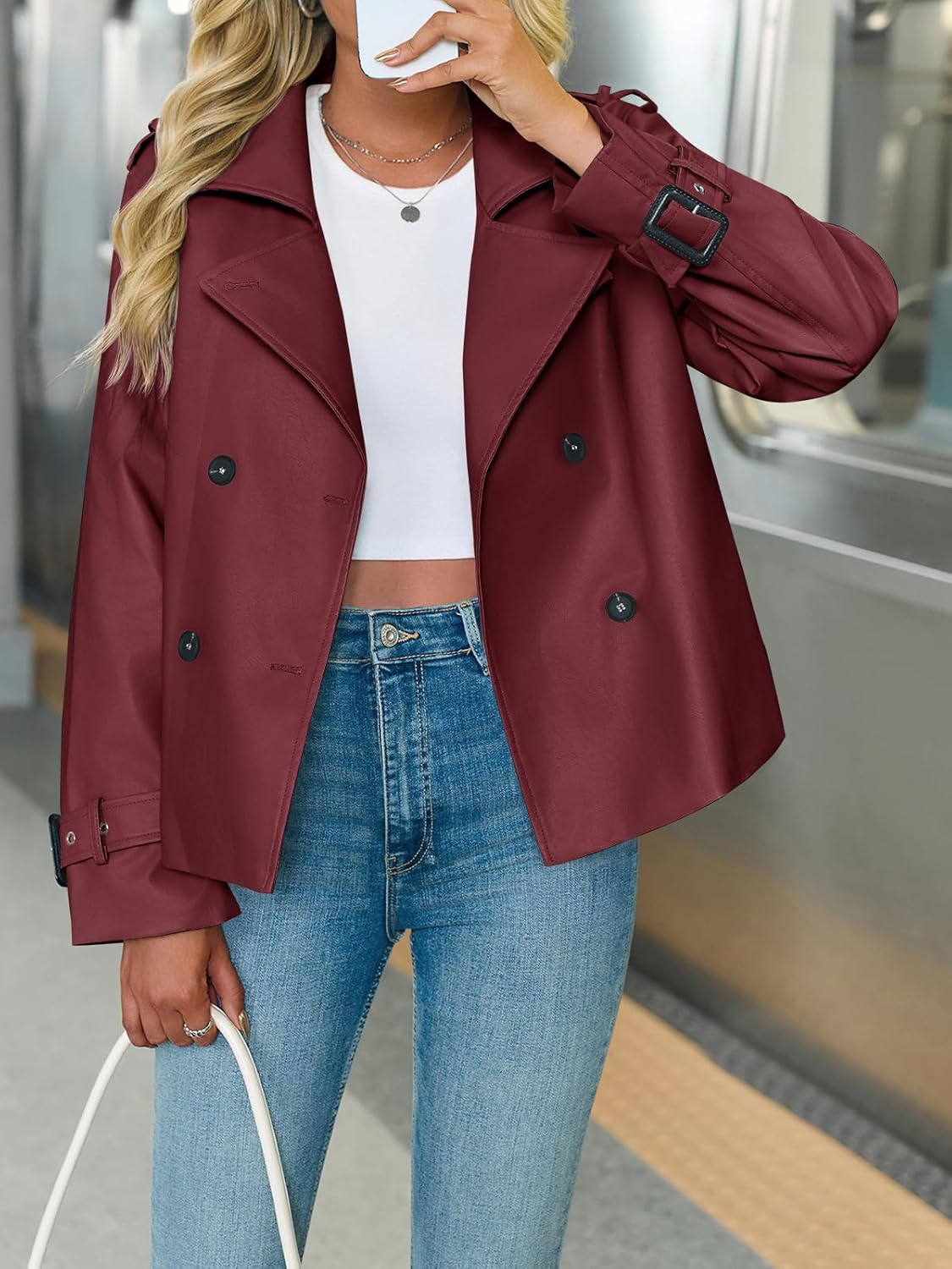 Yousify Womens Textured Faux Leather Jackets Oversized Button Down Motorcycle Clothes Casual Fall Trendy Coat Outerwear - Image 2