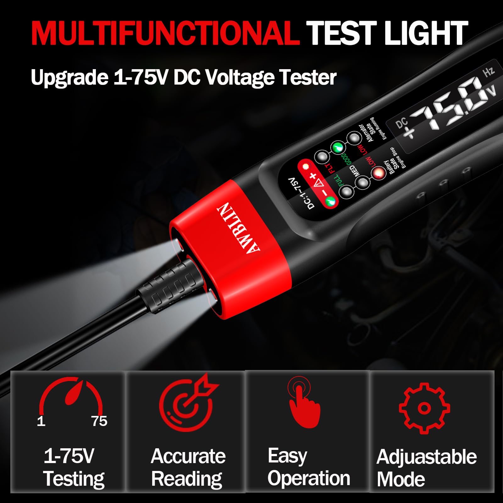 AWBLIN Automotive Test Light & Battery Alternator Tester, 1-75V DC LCD Digital Circuit Tester with Illumination, Heavy Duty Light Tester with Voltmeter, Fuse Voltage Tester Auto Electrical Tool