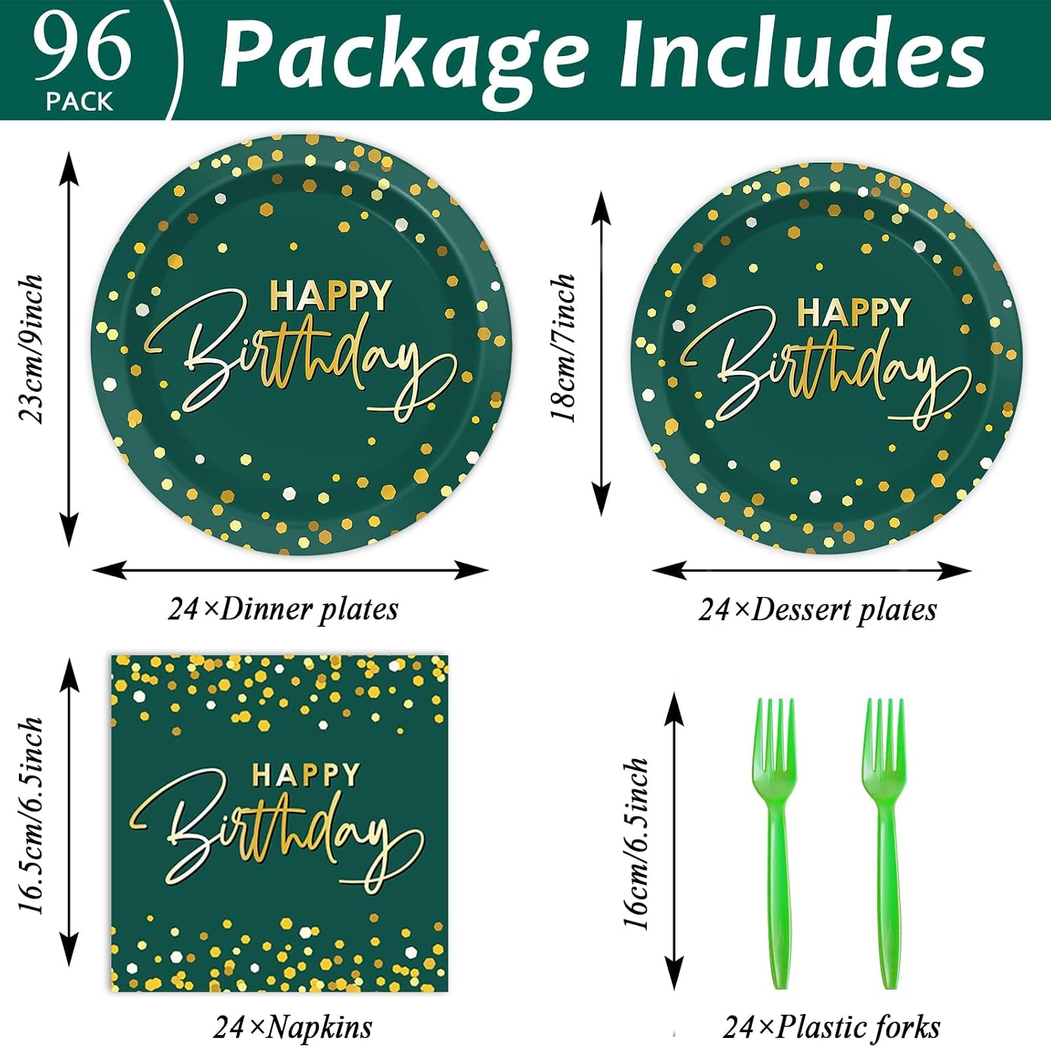 Wiooffen 96PCS Green Gold Party Plates and Napkins - Happy Birthday Party Decorations - Disposable Tableware Set for 24 Guests