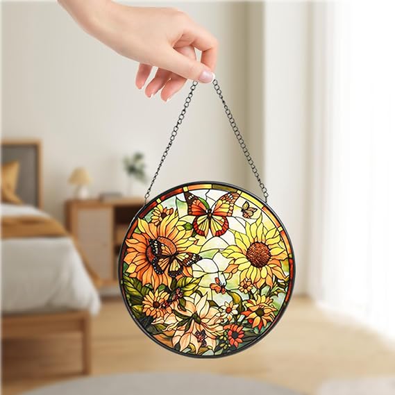 Sunflower Stained Glass Suncatcher, Handmade Window Hanging Decor, Vibrant Flower Sun Catcher for Home Garden, Christmas Birthday Gift for Women Mom Grandma