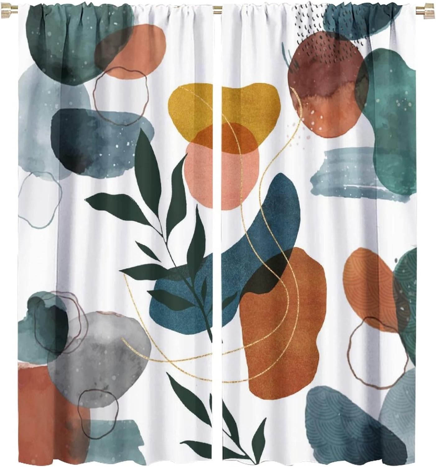 Abstract Art Mid Century Blackout Curtains,Modern Boho Geometric Leaves Floral Plant Window Treatments Rod Pocket Thermal Insulated Room Darkening Blackout Curtains for Bedroom 2 Panels 63L x 27.5W