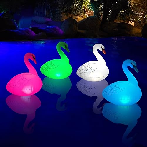 Luces flotantes de cisne para piscina, 4 unidades, inflables, IP68, impermeables, cambio de color automático, luces LED de cisne, luces solares