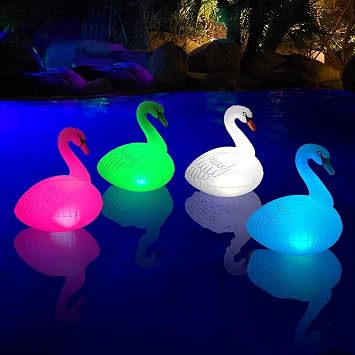 Goallim Swan Floating Pool Lights Solar 4 PK, Inflatable IP68 Waterproof Auto Color Changing Led Glow Swan Pool Lights, Bright Solar Swan Pool Light Accessories for Pathway Yard Party Decor