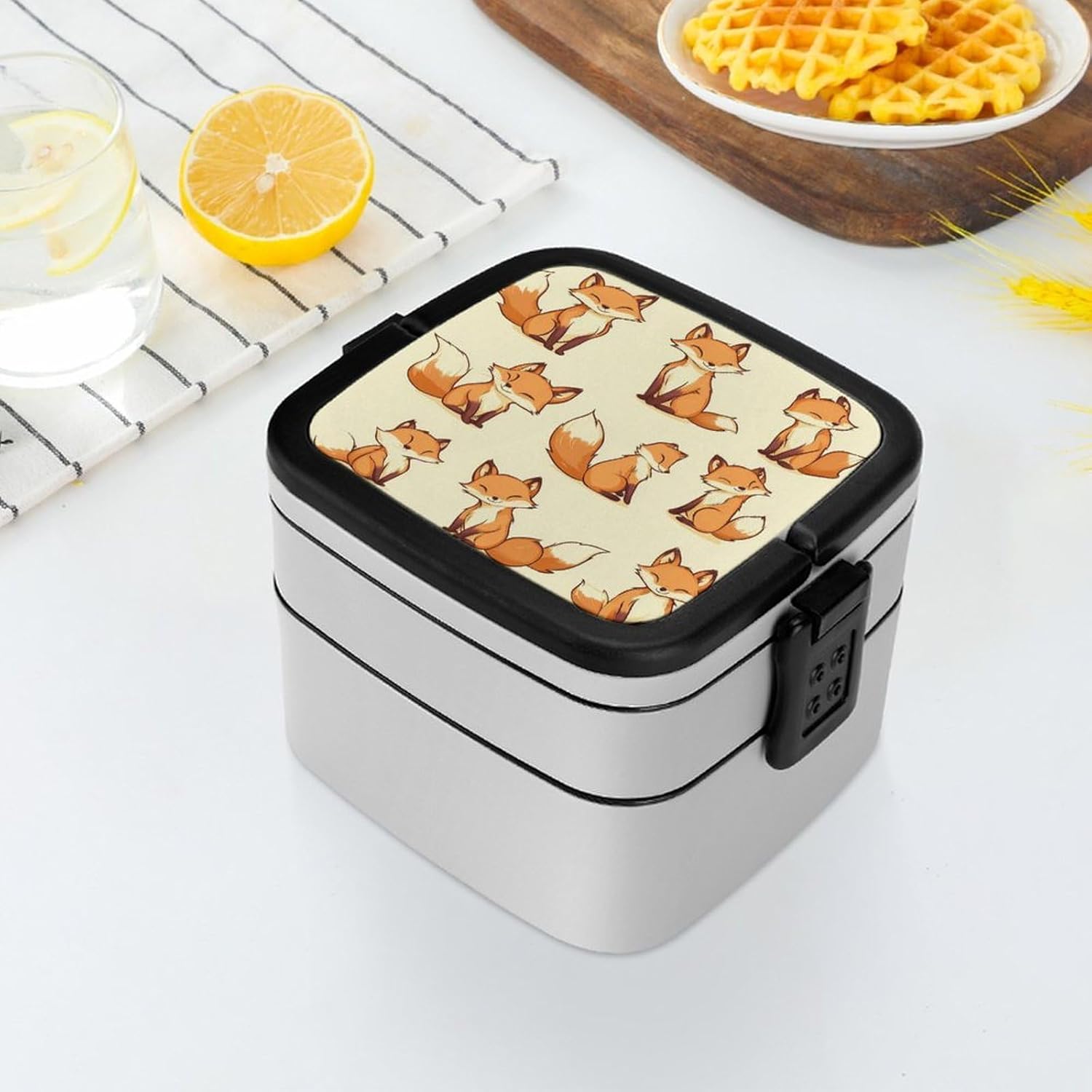 Foxes Print Bento Box with Spoon 2 Layer Food Container Cute Lunch Box for Travel Dining Work