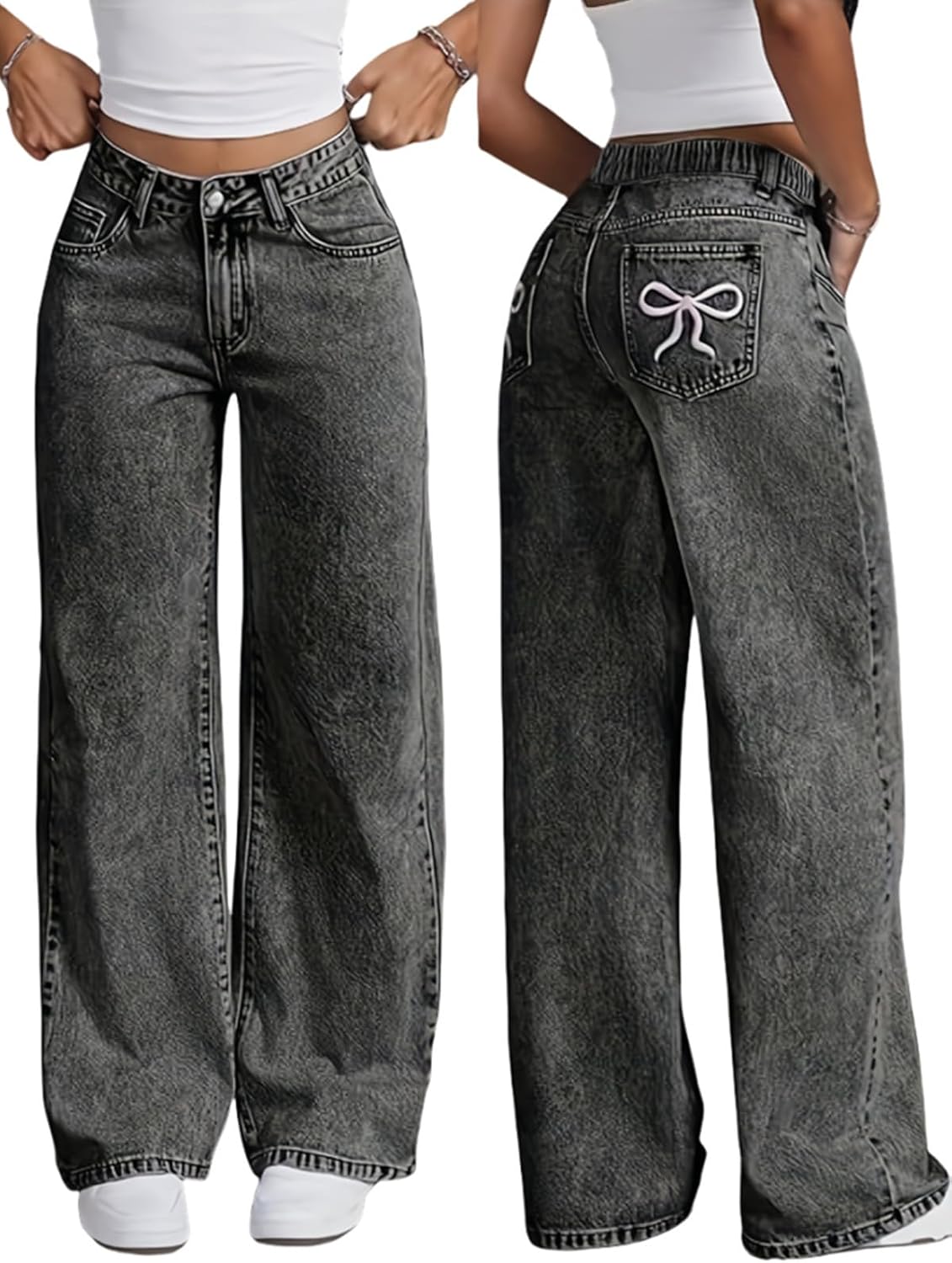 Girls Y2K Wide Leg Jeans,Elastic Waist Baggy Denim Pants Teens Streetwear