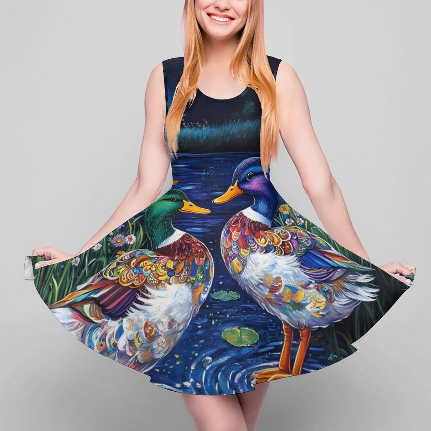 Mallard Duck Print Bird Women's Dresses Round Neck Dress Sleeveless Tank Dress Ruffle Hem Sundress
