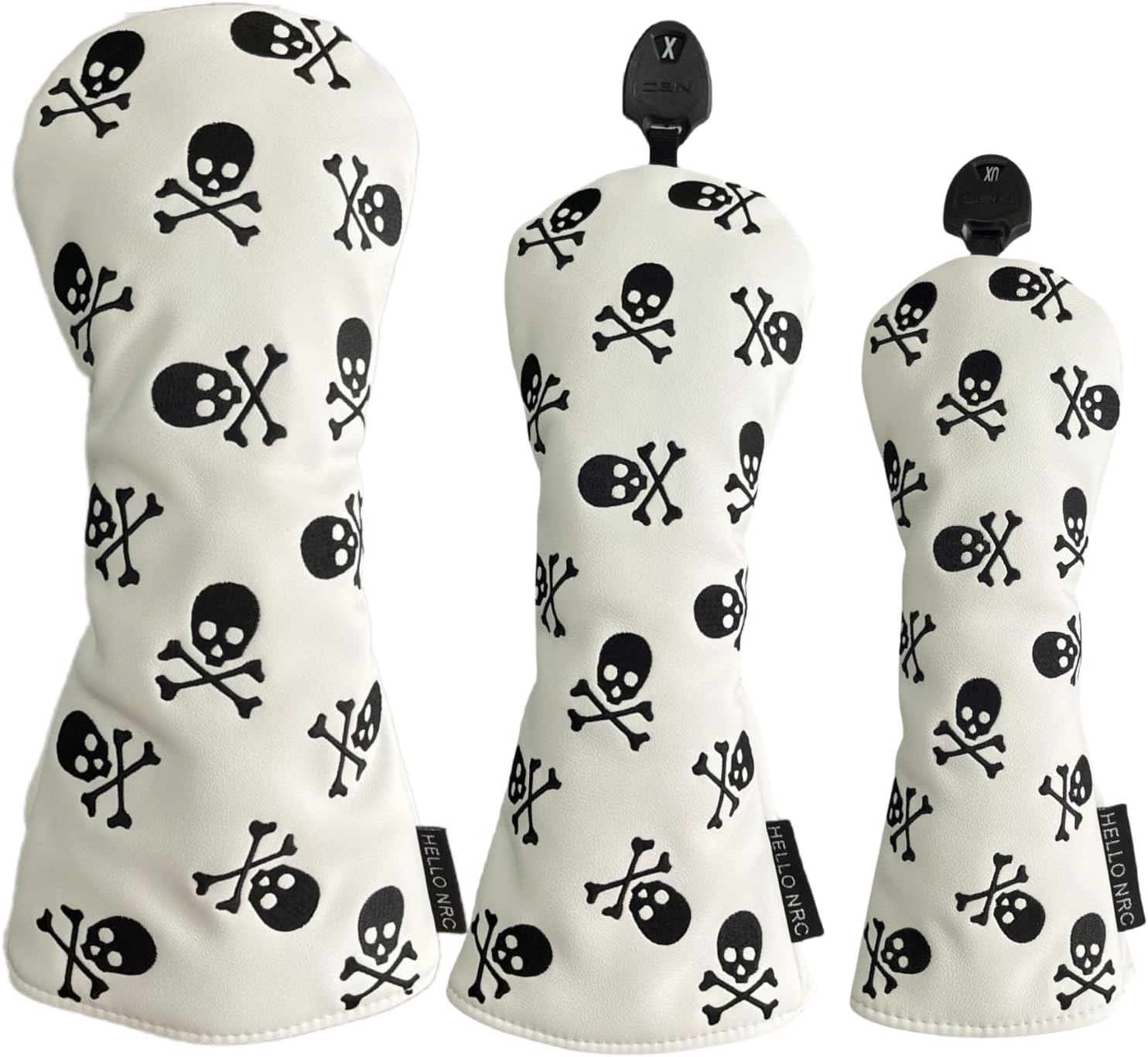Golf Club Headcover 3 Wood Headcover Hybrid UT Covers White Skull Embroidery, Premium Leather Driver Head Covers Hybrid Headcover Fairway Wood Cover for Golf Clubs