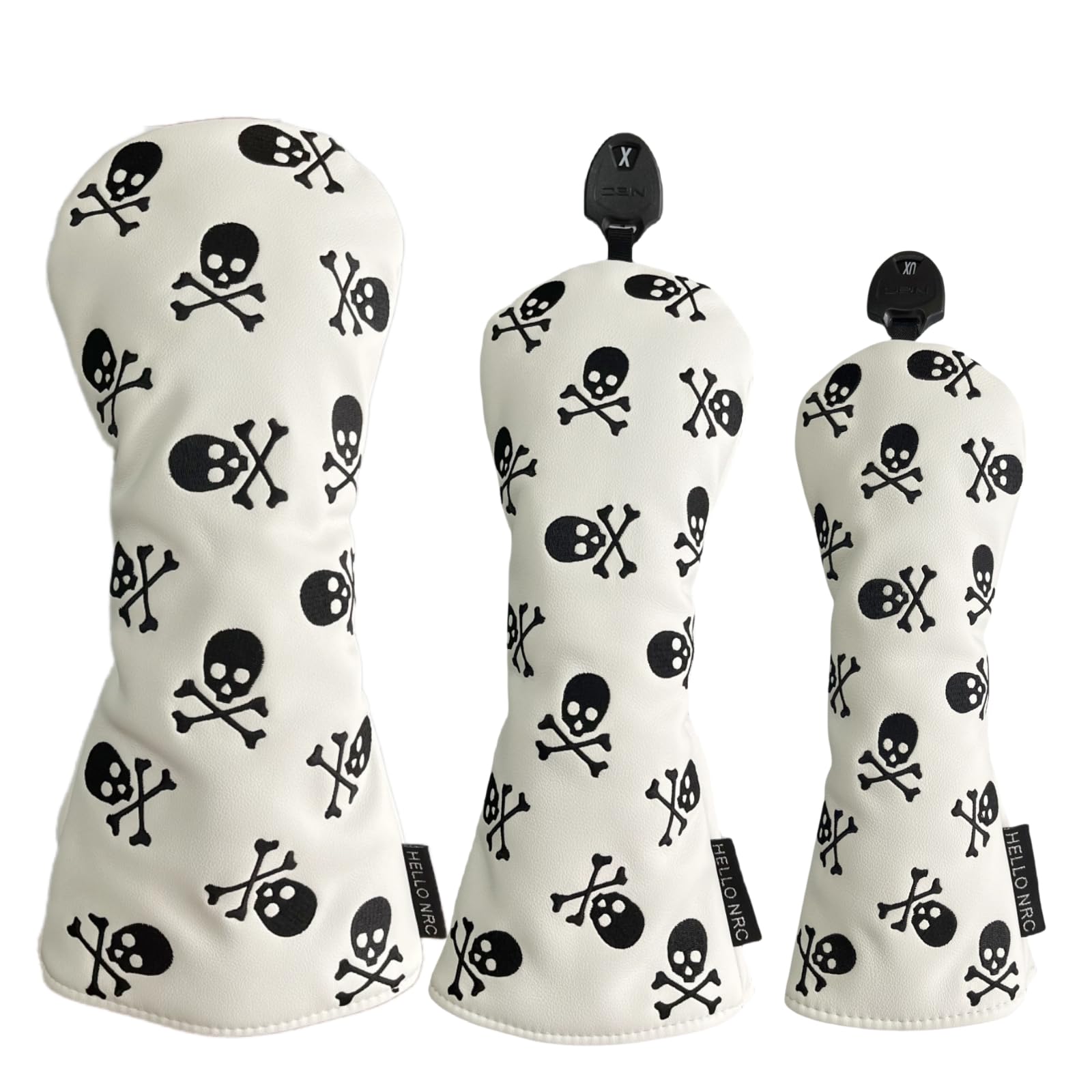 Golf Club Headcover 3 Wood Headcover Hybrid UT Covers White Skull Embroidery, Premium Leather Driver Head Covers Hybrid Headcover Fairway Wood Cover