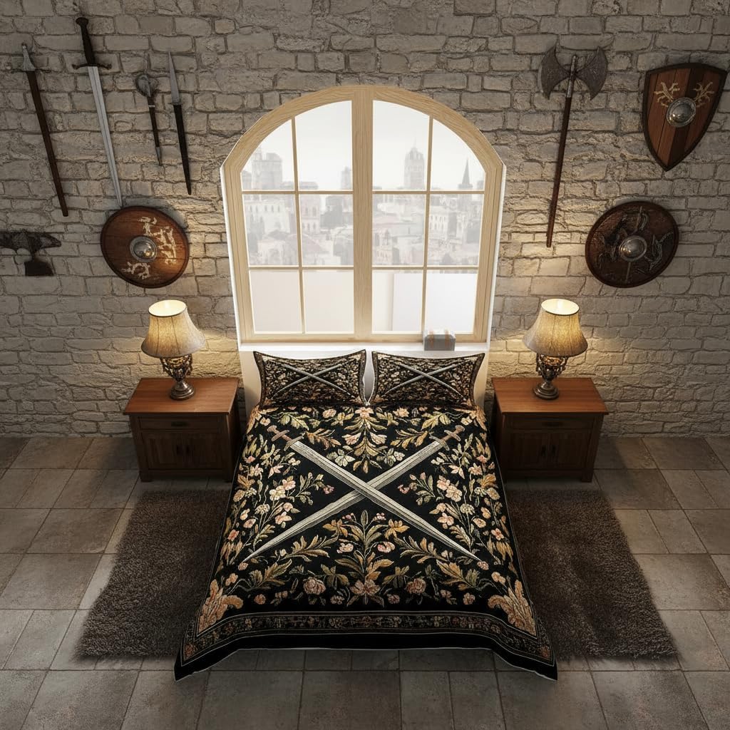Medieval Style Swords Comforter Cover for Kids Boys Girls Country Rustic Flowers Duvet Cover Set Knight Theme Sword Bedding Set Black Yellow Quilt Covers Queen Size with 2 Pillowcases(No Comforter)