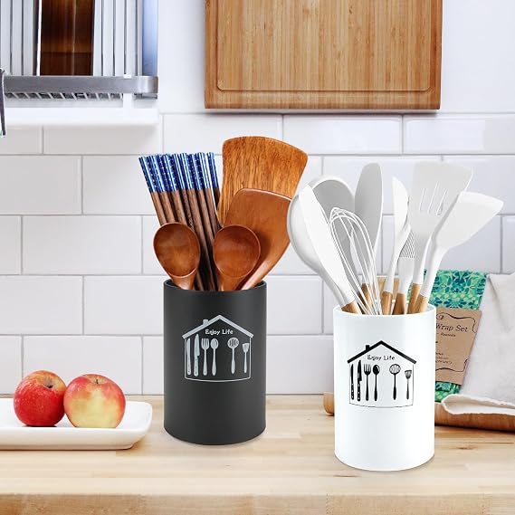 2 Pcs Kitchen Utensil Holder Stainless Steel Cutlery Holder Pot Utensil Crock Holder for Kitchen Counter Storage Utensil Organizer Flatware Caddy（Black + White）