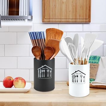 2 Pcs Kitchen Utensil Holder Stainless Steel Cutlery Holder Pot Utensil Crock Holder for Kitchen Counter Storage Utensil Organizer Flatware Caddy(Black + White)