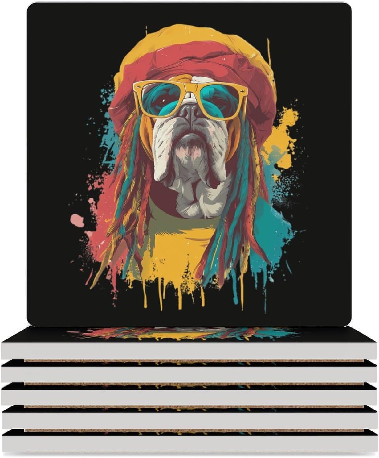 Bull Dog Rasta Funny Ceramic Coasters for Drinks Absorbent Cup Holder Tabletop Protector with Cork Base