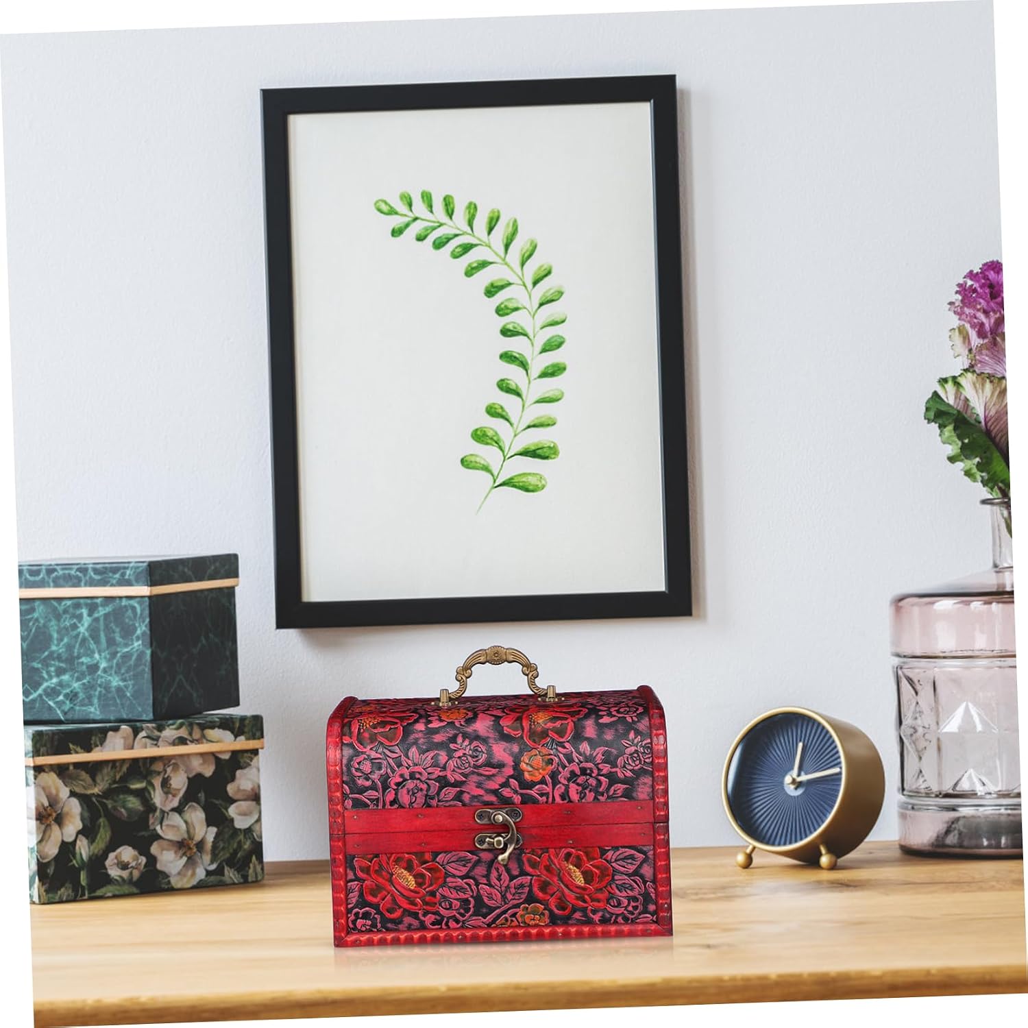 Wooden Treasure Chest with Flower Pattern Jewelry Box for Necklaces