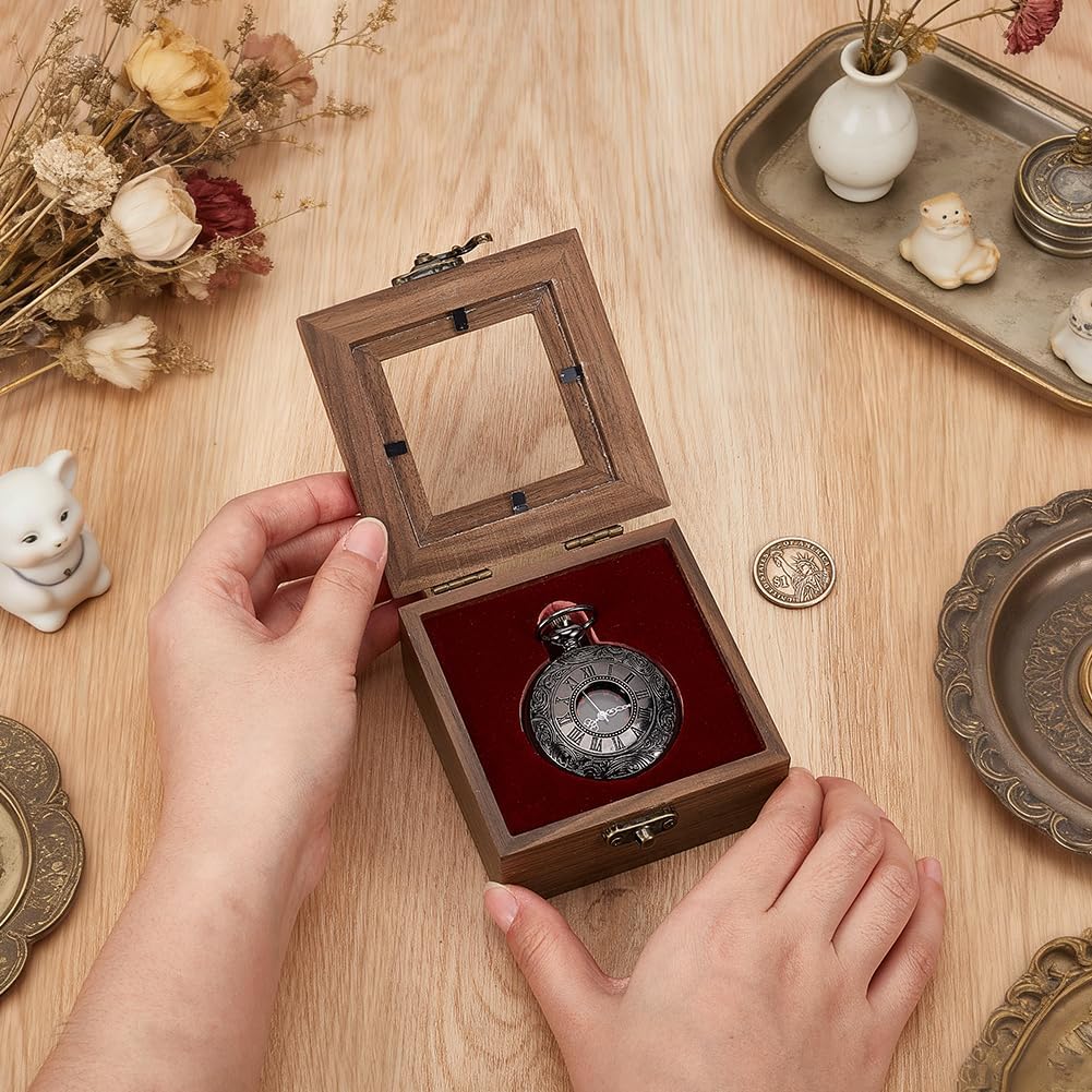UNICRAFTALE Wooden Pocket Watch Display Case Single Watch Gift Box with Acrylic Window and Velvet Inside Camel Square Watches Cases Travel Case Organizer for Man Wowen 3.54x3.94x1.77 Inch
