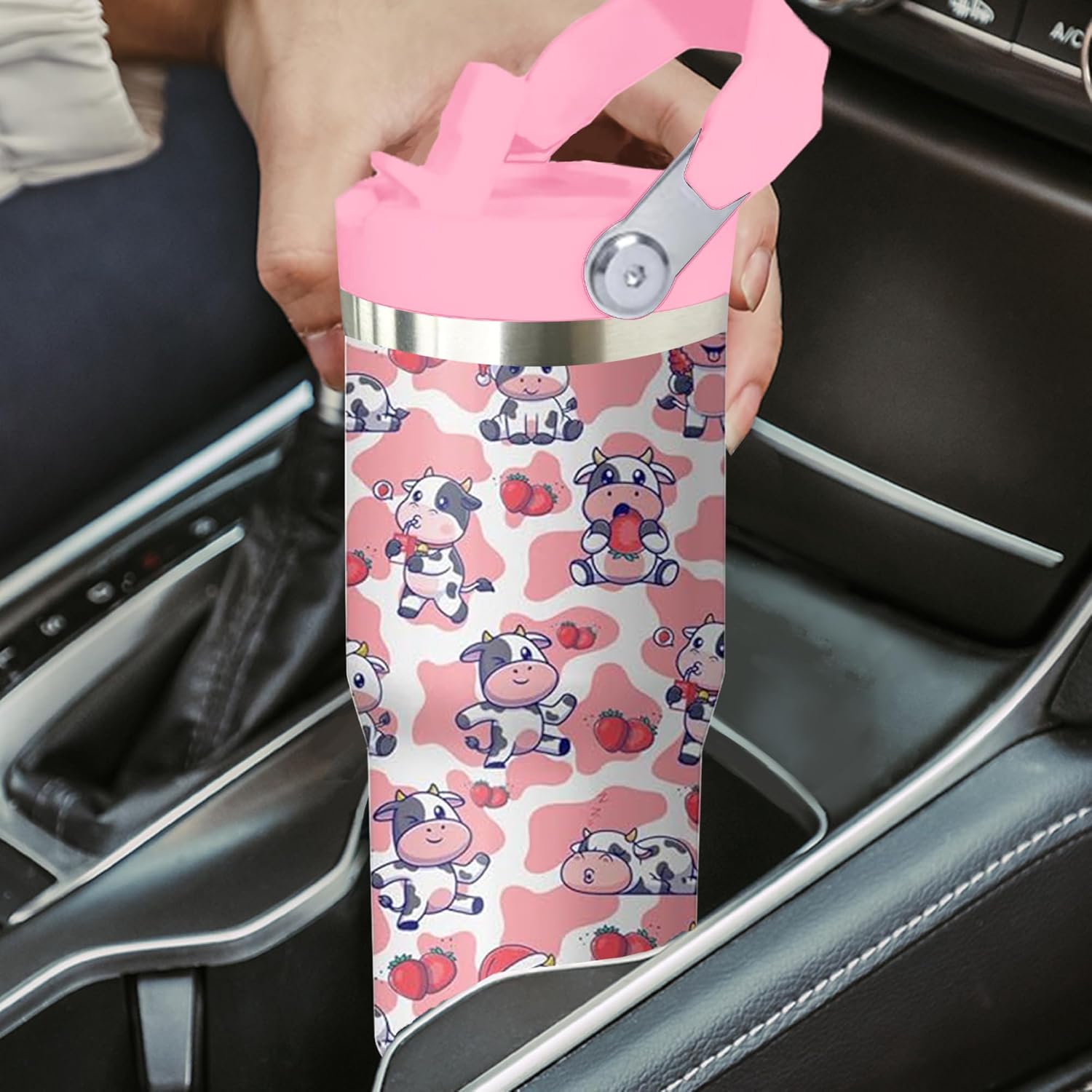 30 oz Pink Cow Tumbler with Handle and Flip Straw, Stainless Steel Insulated Cup with Lid and Straw,Travel Coffee Mug Water Bottle,Christmas Birthday Mothers Day Gifts for Women Animal Lovers - Image 7