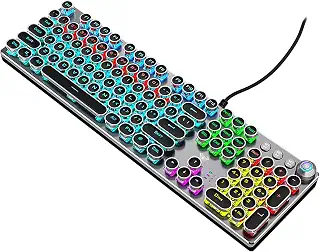 ZDawnn タイプライタースタイル メカニカルゲーミングキーボード。LEDレインボーバックリット、104キー、レトロパンクラウンドキーキャップ、茶色のスイッチ付き、USB-Aで有線、PC/Mac/ノートパソコン用