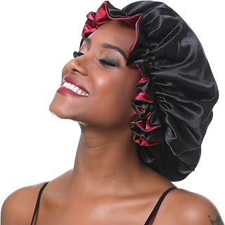 Women Large Satin Bonnet Adjustable Silky Sleep Cap Hair Bonnet Double Layered Reversible for Curly,Natural Hair (XL-Adult, XL Black-Red)