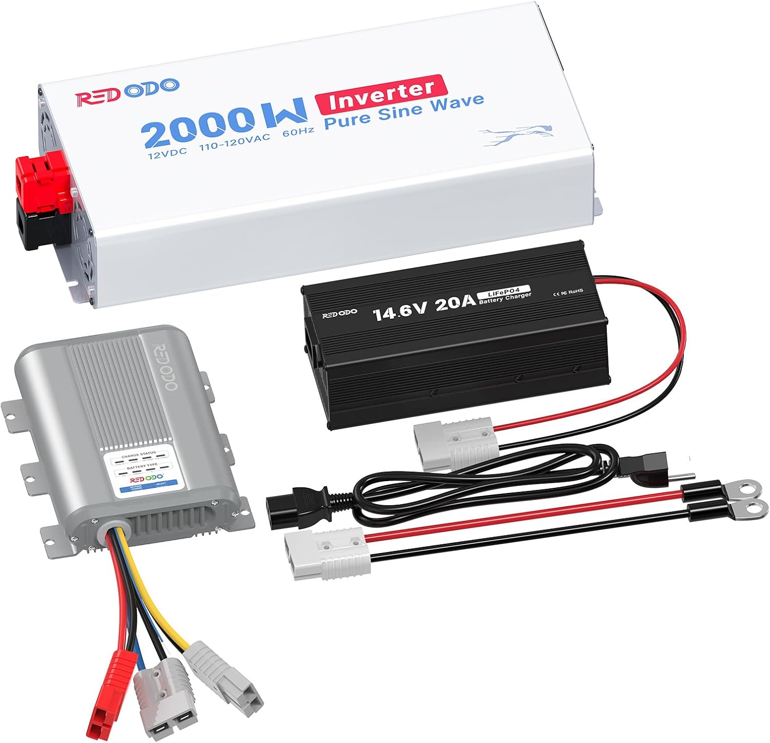 Redodo 12V 40A DC to DC Charger with MPPT, 2000W Pure Sine Wave Inverter 12V DC to 110V AC and 14.6V 20A Lifepo4 Battery Charger