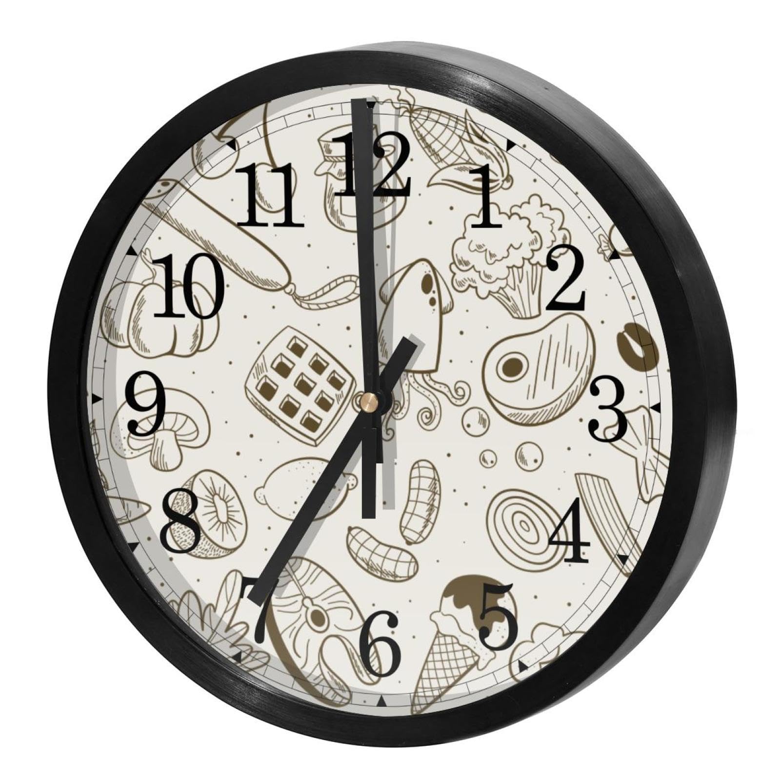 Horloge murale ronde pour maison et cuisine au design gourmand dessiné à la main