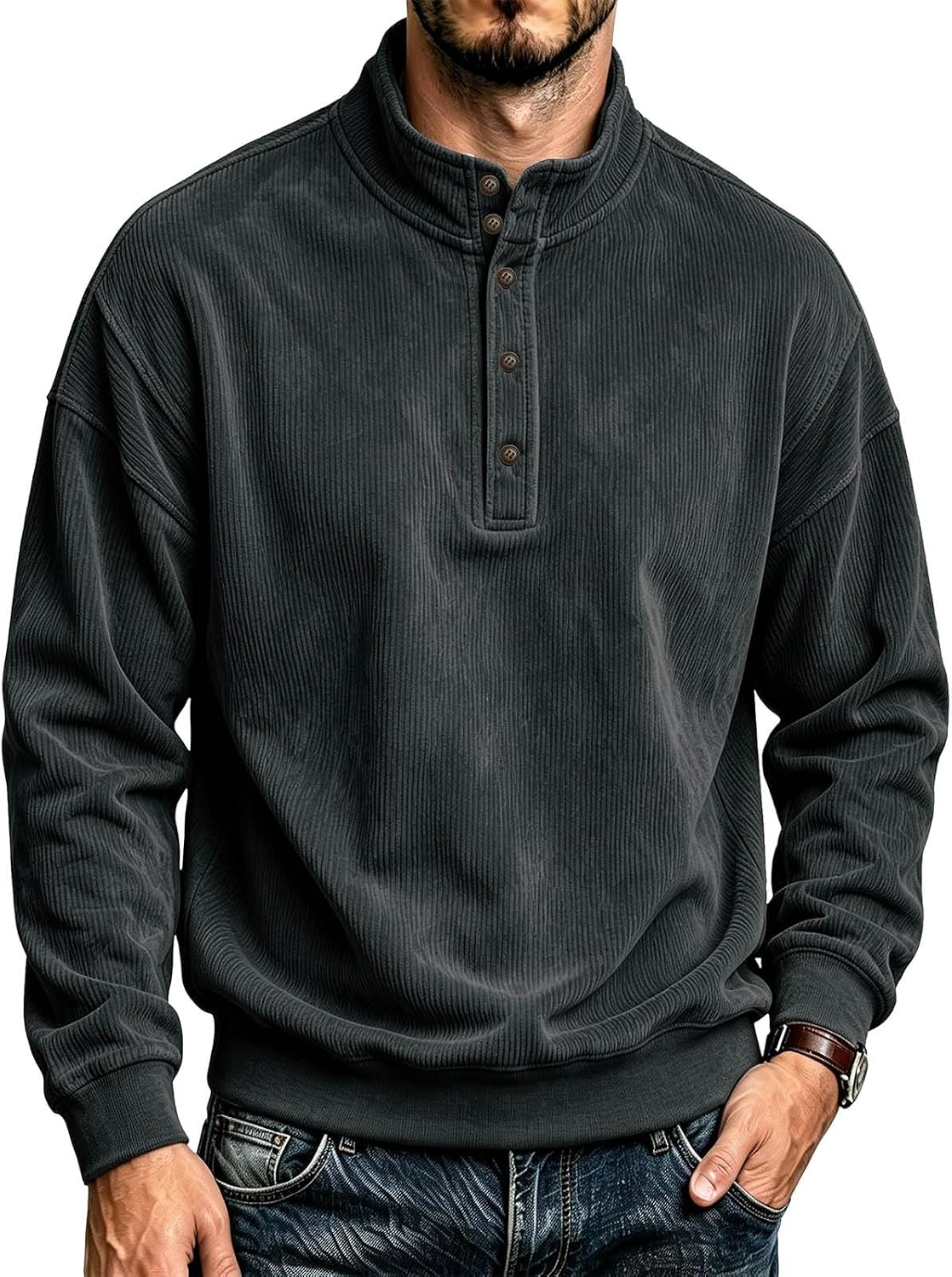 Men's Casual Corduroy Henley Pullover Stand Neck Long Sleeve Shirt