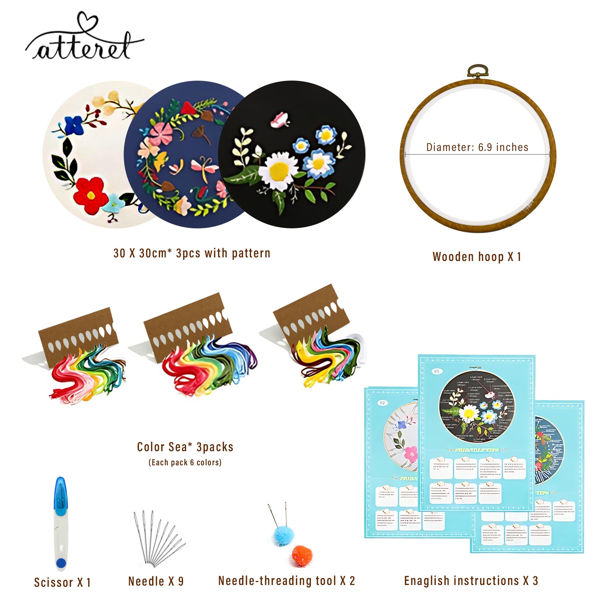 ATTERET Embroidery Hoops 3 Pack Set:Premium Bamboo Wood Rings with Metal Tension Screw Brackets for DIY Cross Stitching, Sewing, Embroidered Craft Projects (Floral Embroidery Kit 1)