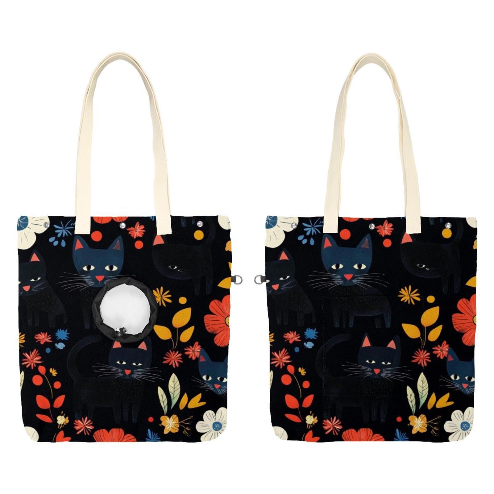 Bolso de hombro de lona para mascotas con diseño de gatos negros para paseos