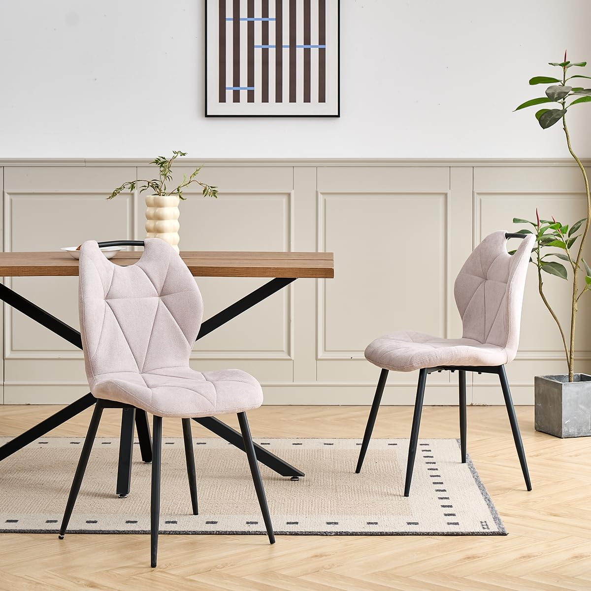 GrandCA HOME Juego de 6 sillas de Comedor, sillas nórdicas de Cocina con Asas, para Comedor y Sala de Estar, Patas de Metal y tapizado con diseño de Rombos (Beige)