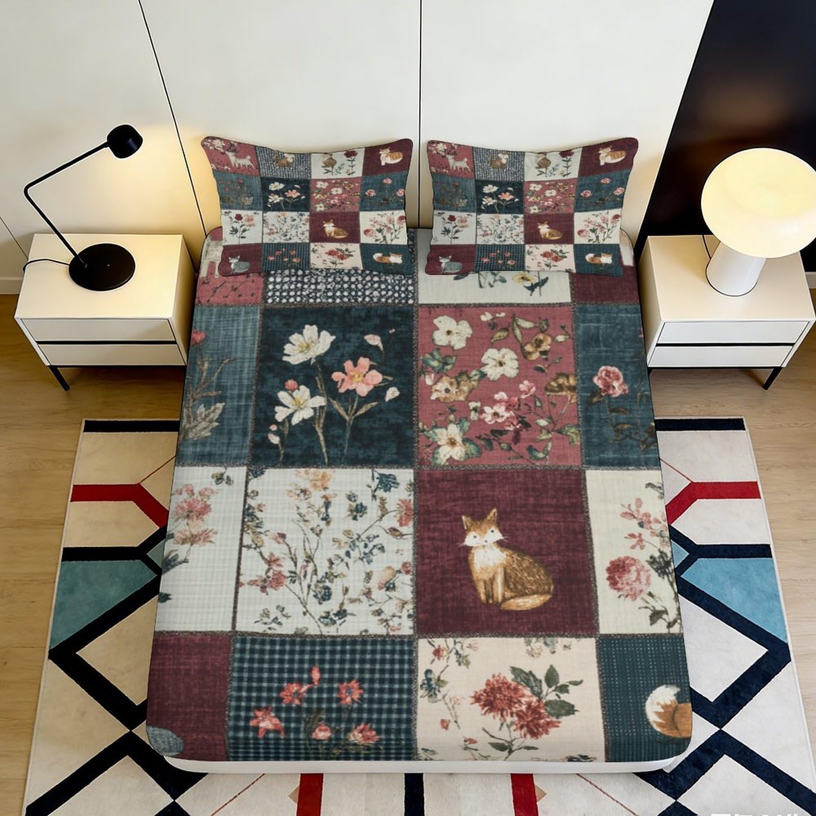 3D Printed Vintage Patchwork Fitted Sheet Microfiber Floral Fox Mattress Cover for Bedroom Guest Room Decor 90x200x25cm