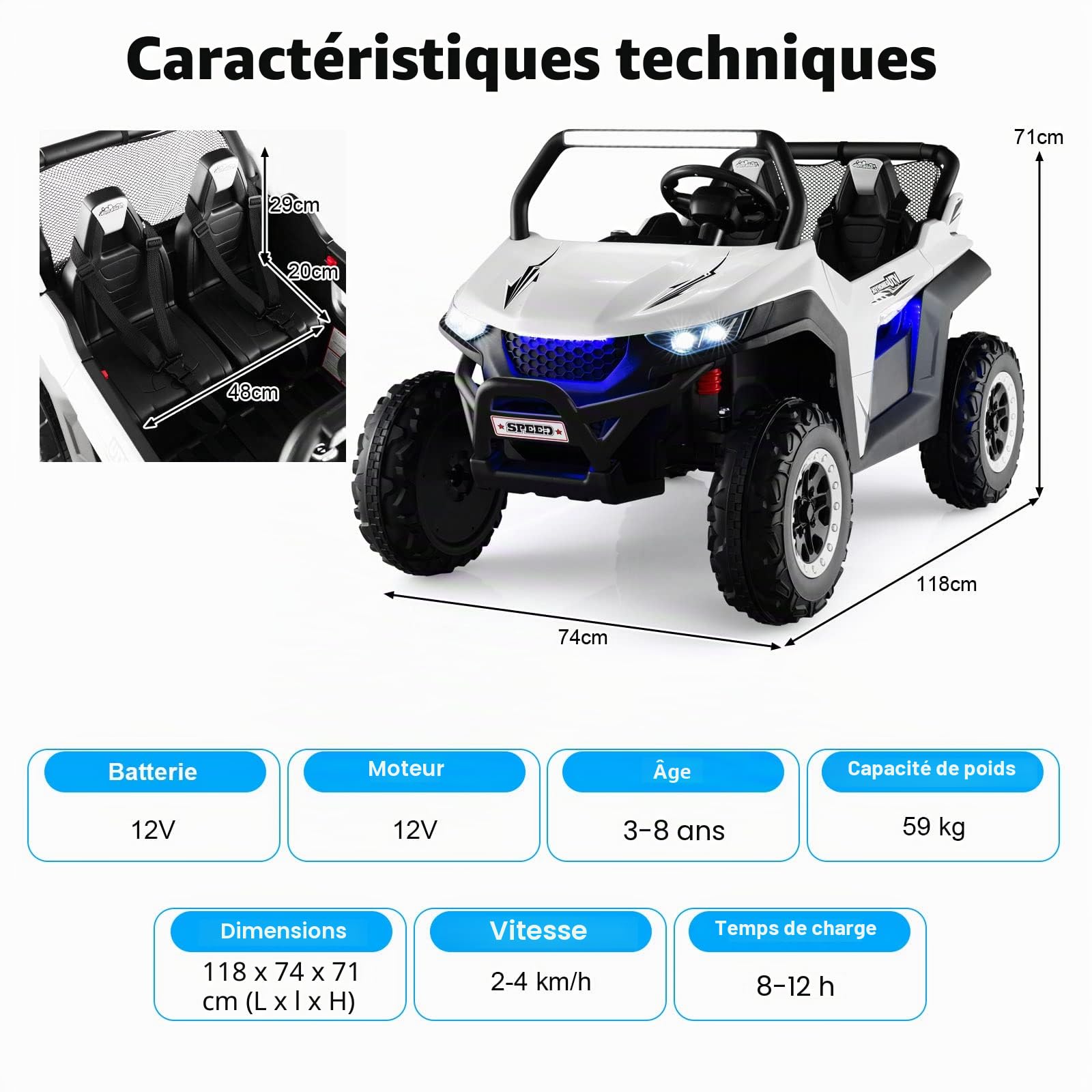 DREAMADE Voiture électrique 2 places 12 V pour enfants à partir de 3 ans, avec télécommande 2,4 GHz, musique, phares, USB, pour enfants à partir de 3 ans, charge maximale : 59 kg (blanc)