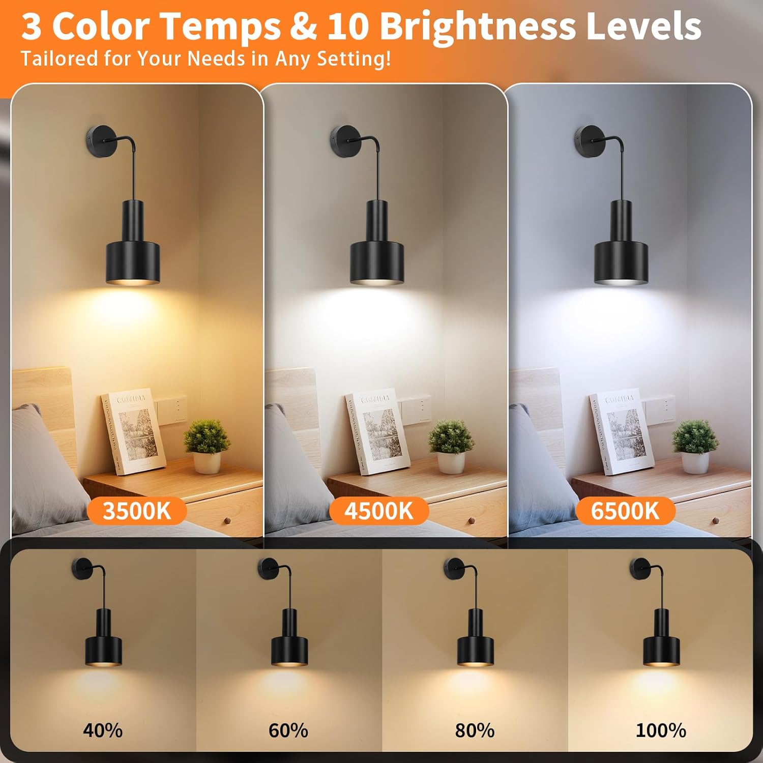 verron rechargeable battery operated wall sconce set of two, black wireless battery powered lights with dimmable detachable bulbs & remote, modern sconces wall decor for bedroom living room hallway black & black rechargeable battery powered