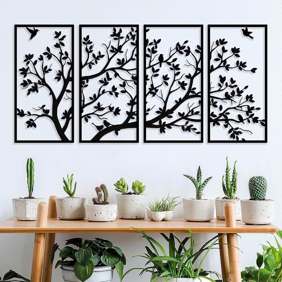 Decoración de pared de metal Árbol de la vida de 4 paneles, arte de pared de árbol de la vida de metal para regalo, jardín, hogar, dormitorio, sala de estar (60cm*30cm/23.6in*11.8in)