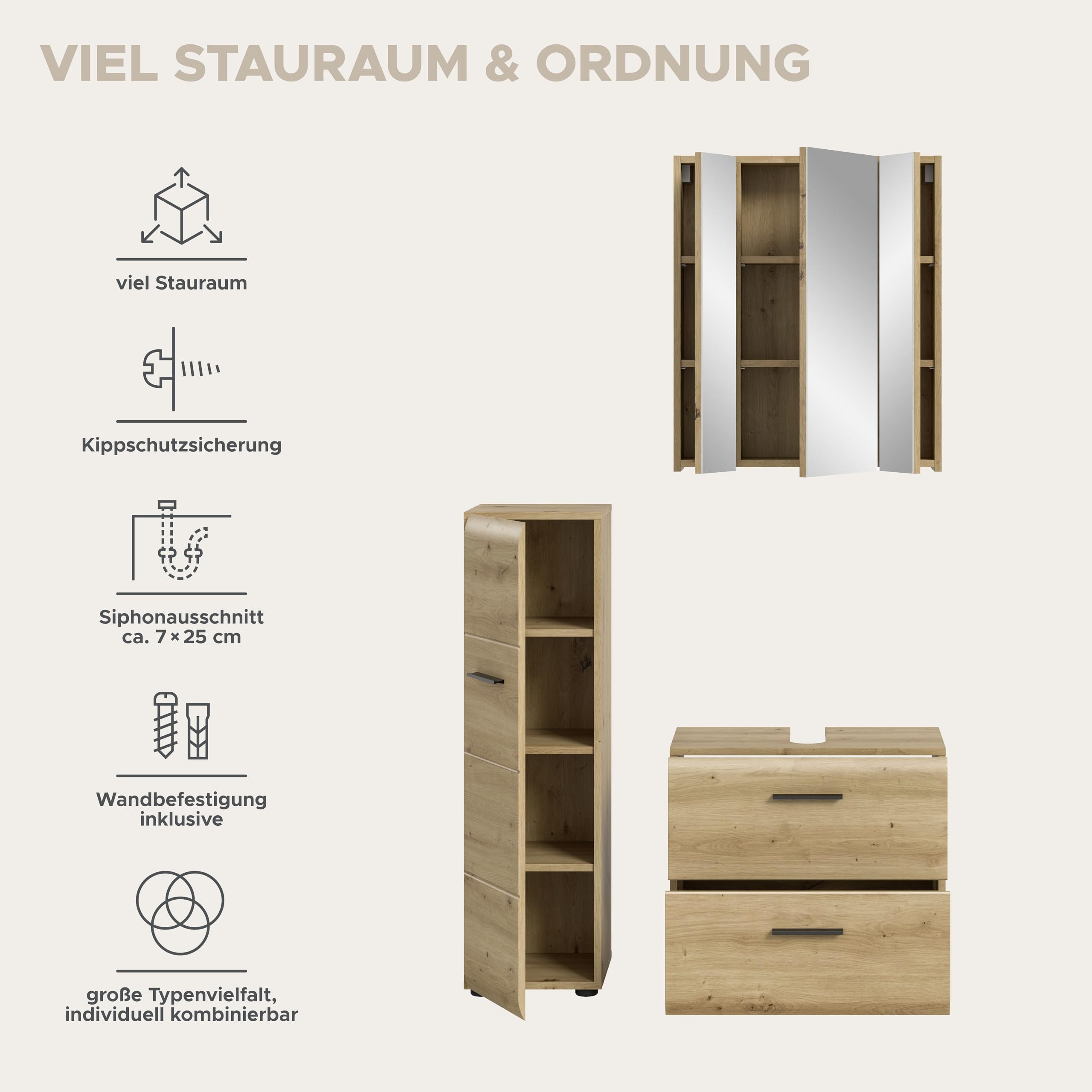 xonox.home – 3 TLG. Badezimmerkombination Ice 105x185x30 cm in Korpus und Front Artisan Oak Nachbildung – Hochwertige Badmöbel-Kombi – modern – Bild 9