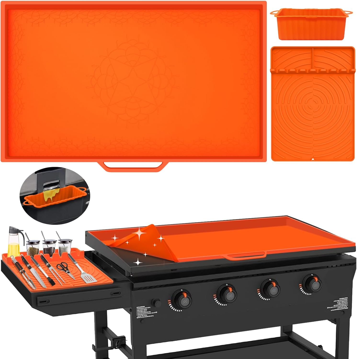 36"Silicone Griddle Cover & 16"Griddle Accessories for Blackstone with Grease Cup Liner, 3PCS Heavy Duty Food Grade Silicone Grill Mat,BBQ Grill Mat All-Season Protection form Grease & Dirt