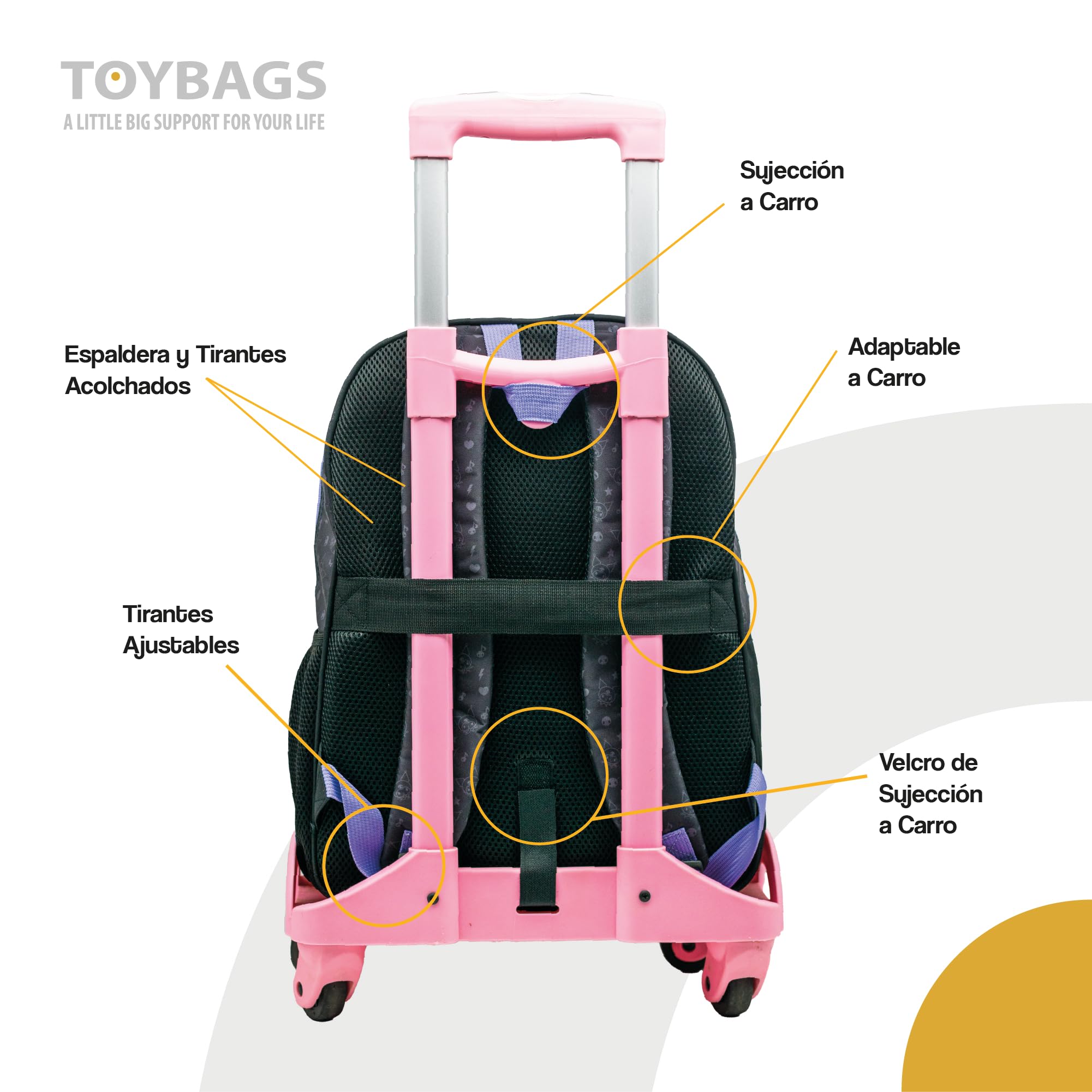 ToyBags Mochila Escolar Kuromi - Doble Compartimento - con Accesorio Pom-Pom - Adaptable + Carro Rosa Proteccion Lateral Y STOPER Frontal Anti CAIDA 4 Ruedas giratorias - 44 X 30 X 20 CM