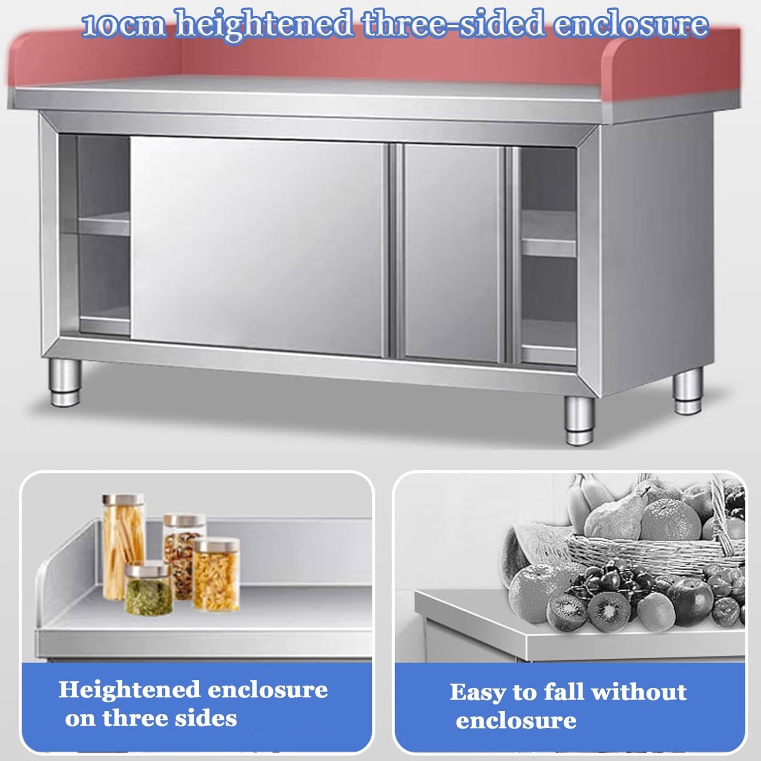 Stainless Steel Work Table Kitchen Prep Table, Food Prep Worktable, Single Pass Kitchen Worktop Storage Cabinets, Commercial Workbench with Sliding Doors and Backsplash, for Kitchen(80x40x80cm)