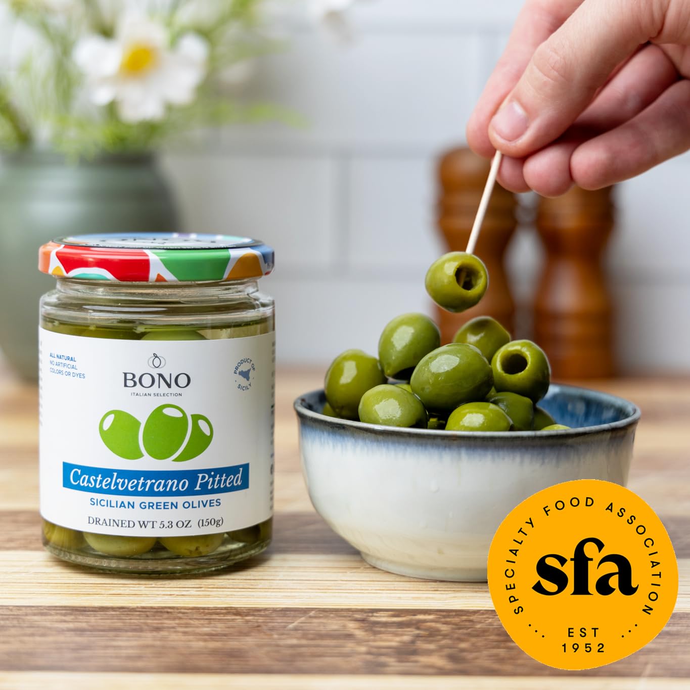 Bono Italian Gourmet Olives | Product of Italy | All Natural | No Artificial Colors or Dyes | Non-GMO Verified, (Pack of 2) (5.3 OZ, Castelvetrano Pitted)