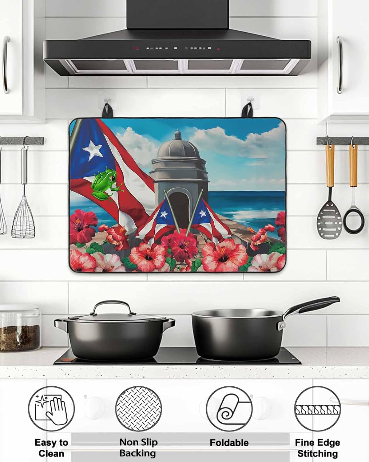 4th of July Stove Top Cover Puerto Rico Flag Stove Cover for Electric Stove Top Frog Star Red Floral Glass Cooktop Covers Anti-Slip Mat Heat Resistant Countertop Protector Kitchen Decor 28.5"x20.5"
