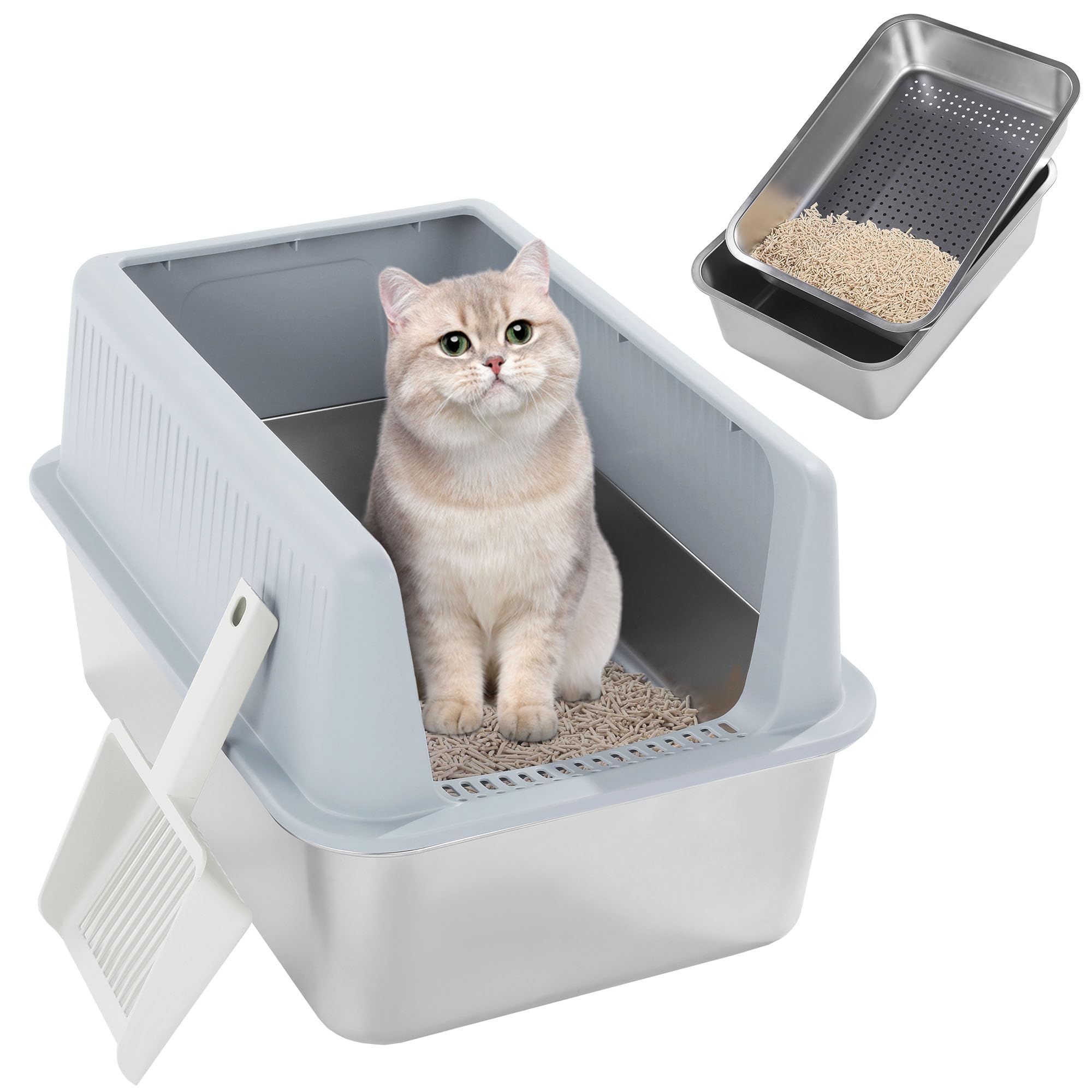 MABOZOO 19.7"x13.7"x12" Stainless Steel Sifting Litter Box with Lid, Large Enclosed Cat Sifting Litter Box for Pine Pellets with Scoop Anti-Leakage Odor Control Cat Supplies