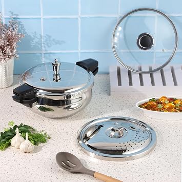 Vinod Magic Stainless Steel Smart 3 in 1 Pressure Cooker 5.5 Litre | 5mm Thick Base | All in One Cooker with Strainer & Glass Lid | Induction and Gas Base | ISI certified, Silver