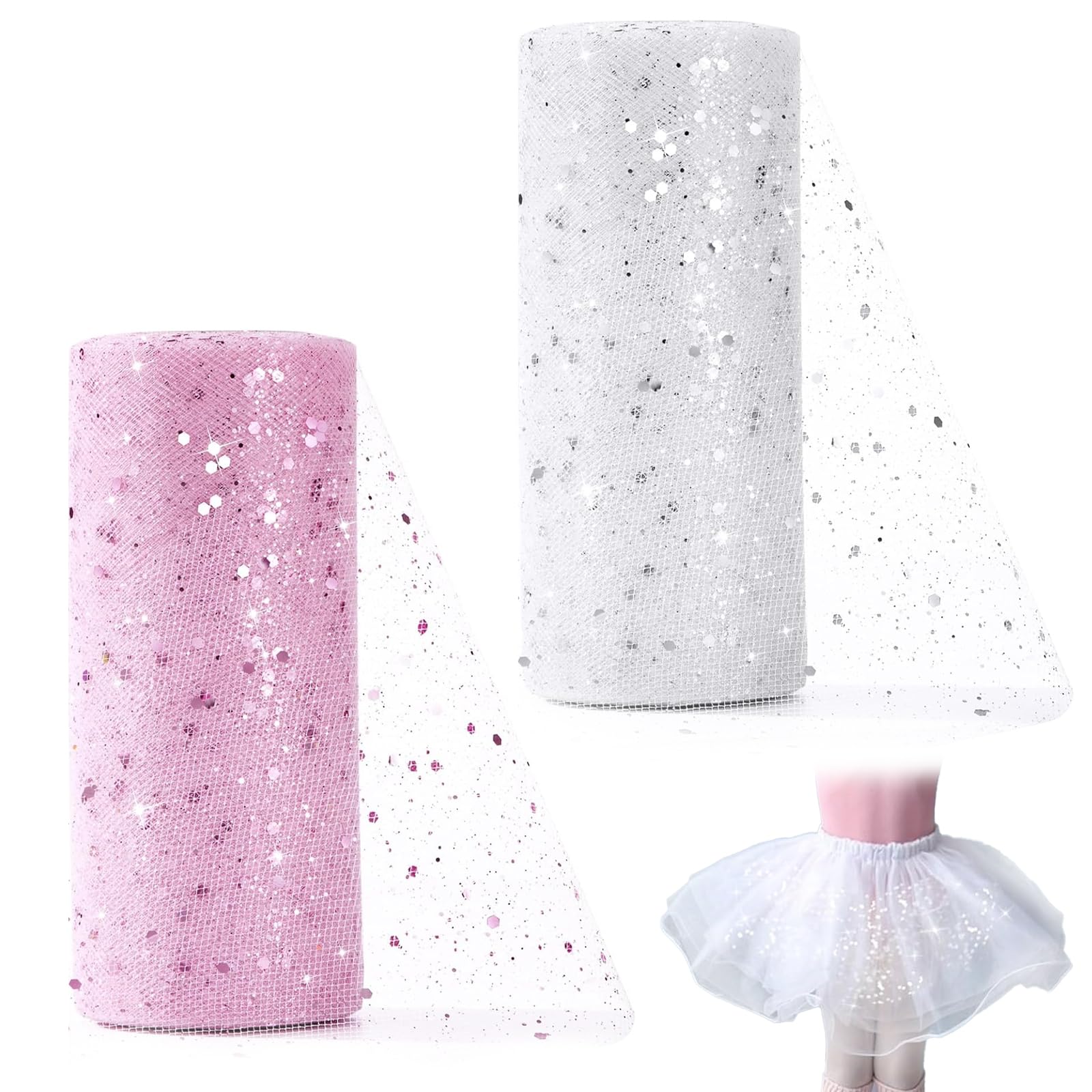 Rotoli Di Tulle Scintillante Bianco E Rosa Con Lustrini, 15 Cm X 22,5 M Ciascuno, Per Decorazioni Fai-da-te, Matrimoni E Feste