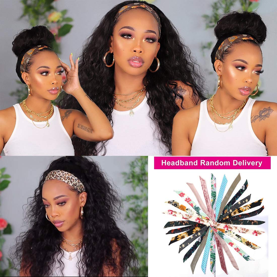 Beauty Forever Headband Human Hair Wigs Water Wave Glueless Human Hair Wigs With Pre-attached Scarf Non Lace Front Wigs for women Natural Color 150% Density 18 Inch