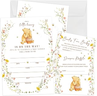 A Little Hunny Is on the Way 베이비 샤워 초대장, 25피스 채우기 위니 베이비 샤워 초대장, 책 및 기저귀 카드 포함, 여아 남아 성별 중립 베이비 샤워 파티 용품 봉투 포함 -B20