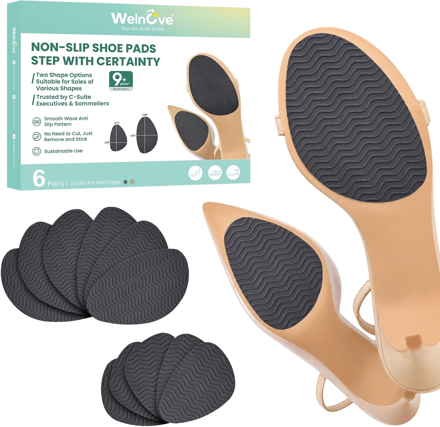 Shoe Sole Protectors, 6 Pairs Non-Slip Shoe Pads with Strong Grid Adhesive, 1.8mm Thin Pre-Cut Sole Grips for High Heels, Pumps, Dress Shoes, Black
