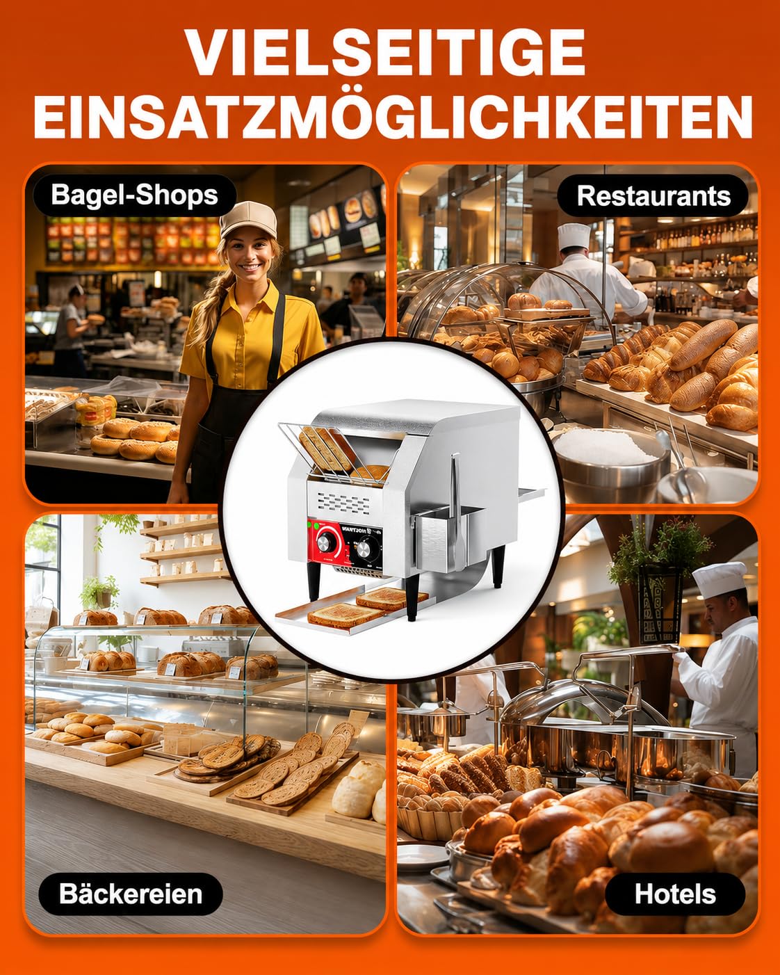 WantJoin Tostapane professionale – Dispositivo elettrico per 150 fette all'ora (toast, hamburger, pane), robusto tostapane in acciaio inox per campeggio, ristoranti, panetterie e buffet