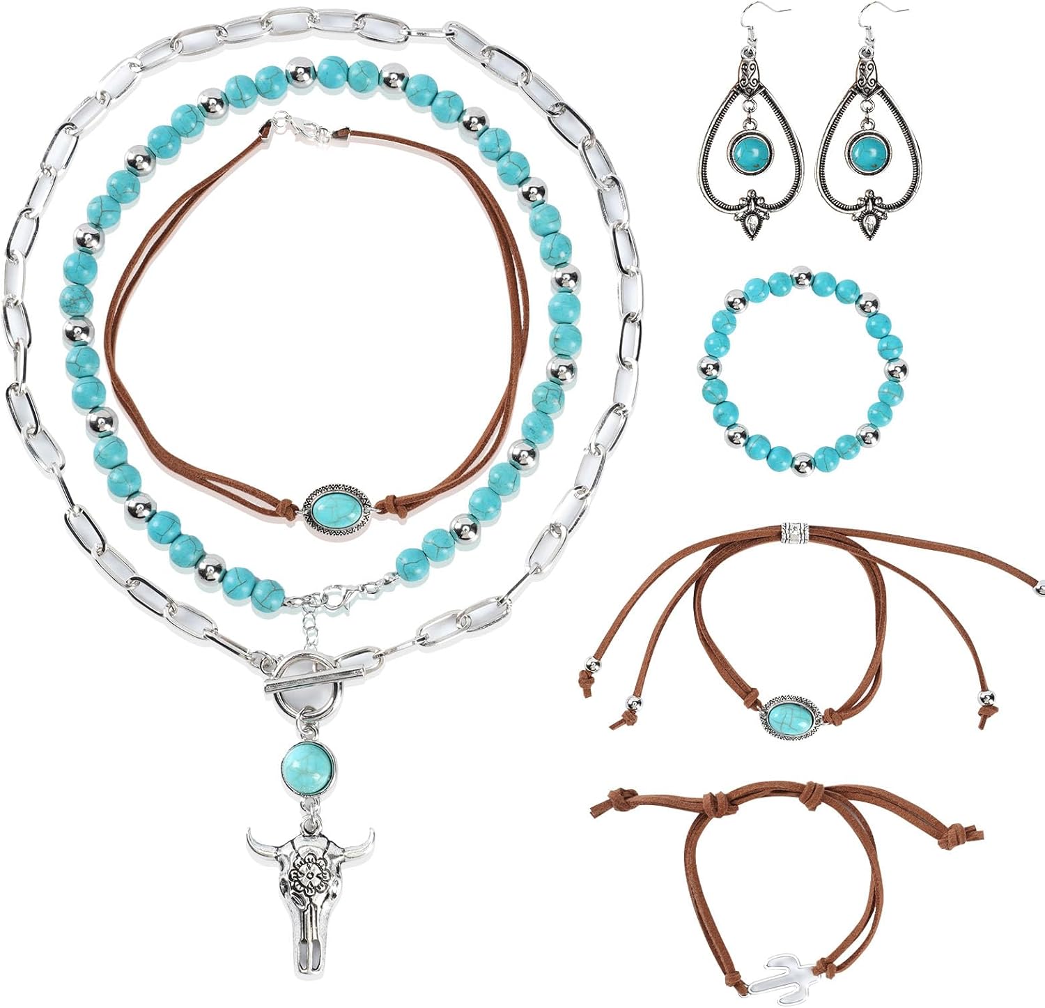 8PCS Layered Western Jewelry for Women, Bohemian Turquoise Necklace Set, Vintage Boho Jewelry Suede Choker Ox-head Chain Cactus Pattern and Turquoise Bracelet Dangle Earrings