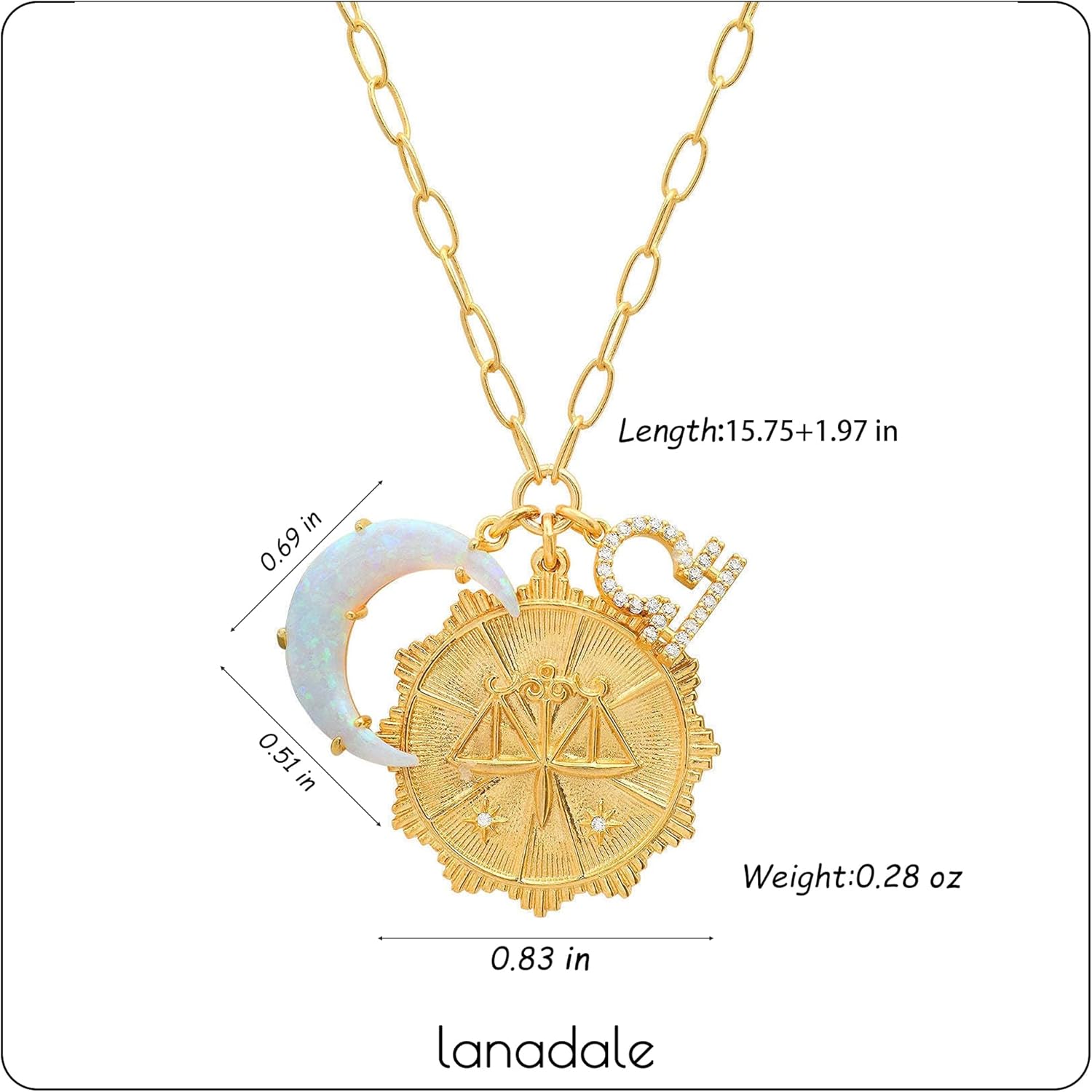 Dainty Gold Zodiac Embossed Coin Opal Crescent Moon Charm Necklace for Women Trendy 18K Gold Plated Retro Paperclip Chain 12 Constellation Horoscope Necklaces Astrology Jewelry Gifts - Image 2